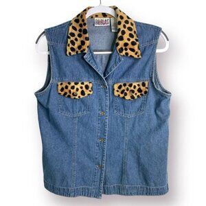 Vintage Bill Blass Size L Petite Denim Leopard Print Sleeveless Button Down Vest